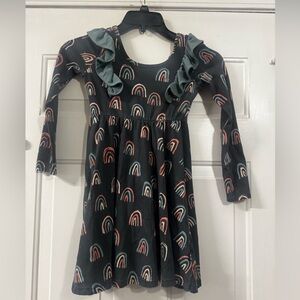 Girls Black Rainbow Print Ruffle-Shoulder Dress